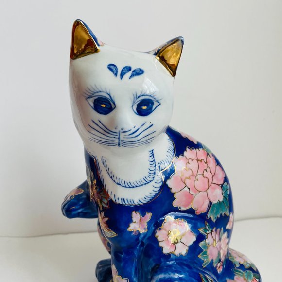 Vintage Hand Painted Porcelain Decorative Blue Sitting Cat Figurine 8” - Picture 3 of 12